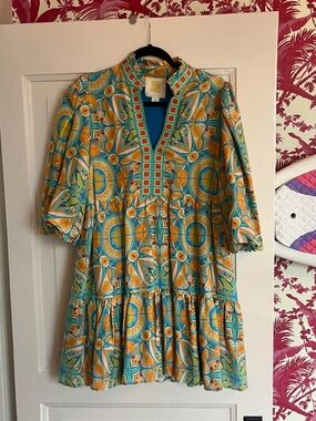 Turquoise & Yellow Printed Mini Dress with V-Neck Detail